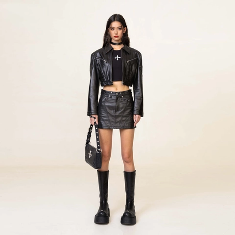 Women Faux Leather Mini Skirt High Waist Bodycon Punk Rock Style Cross Button Decor Black Streetwear Trendy Bottoms