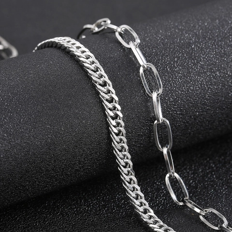 Dubbellaagse Halsketting Voor Heren Roestvrij Staal Schakelketting En Paperclipketting Hiphopstijl Sieraden Trendy Accessoire Zilver