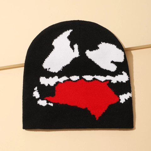 Acryl Gebreide Muts Voor Mannen Vrouwen Mode Streetwear Monster Mond Slagtanden Patroon Bedrukt Winter Warme Skull Cap