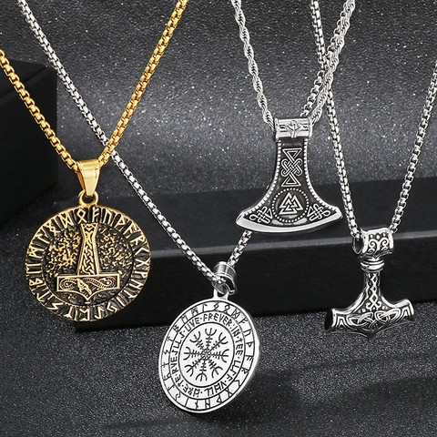 Pendentif Viking Marteau De Thor Hache Acier Inoxydable Mjölnir Rune Vegvisir Valknut Mythologie Nordique Bijoux Homme