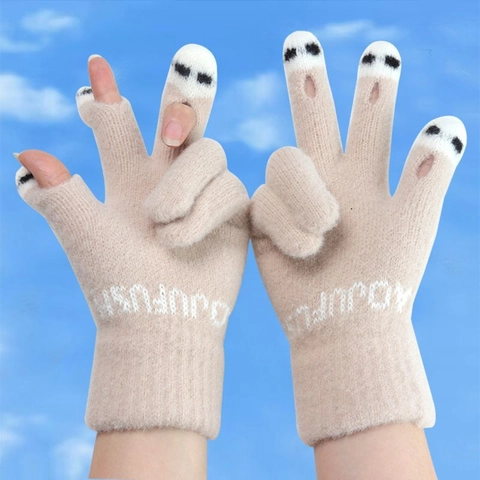 Gants Tricotés Sans Doigts Hiver Chauds Écran Tactile Demi-Doigt Moufles Motif Panda Dessin Animé Femmes Étudiants