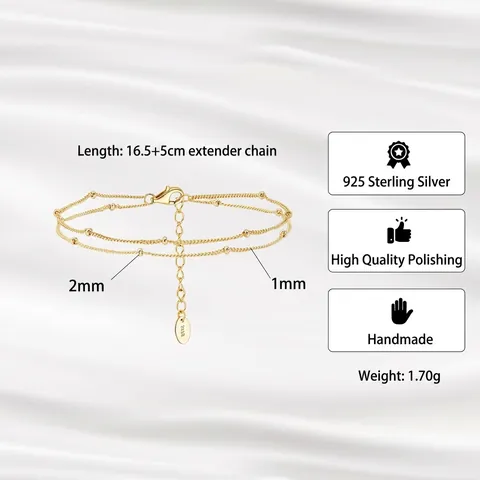 925 Sterling Silver Double Layer Bracelet For Women Minimalist Satellite Bead Chain Adjustable Jewelry Gift