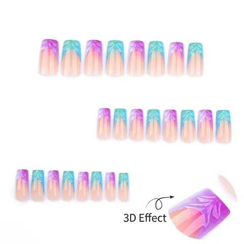3D Reliëf Press On Nagels Frans Lange Coffin Gradiënt Getextureerde Kunstnagels Voor Vrouwen