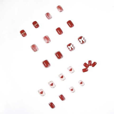 Short Press On Nails Wine Red Smudge Design With Heart Rhinestone Artificial Pearl Decor Square Round Artificial False Nails