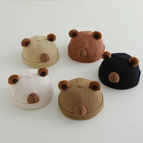 Cute Cartoon Bear Baby Docker Hat Cotton Brimless Cap With Plush Ears For Toddler Infants Spring Soft Breathable