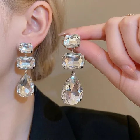 Orecchini Pendenti Eleganti Con Strass E Perno In Argento Rame Lusso Quadrato Goccia D'acqua Geometrico Donna
