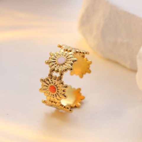 Anello Aperto Margherita Acciaio Inossidabile Placcato Oro Smalto Colorato Sole Regolabile Gioielli Chic Da Donna