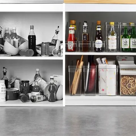 Contenitore Organizer Per Mobili Da Cucina Trasparente PET Scatola Di Immagazzinaggio Con Ruote E Maniglia Per Spezie Coperchio Pentola