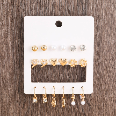 Pendientes Moda Aleación Perla Artificial Imitación Diamante Corazón Flor Geométrico Pendientes Botón Aro Con Poste Acero Inoxidable