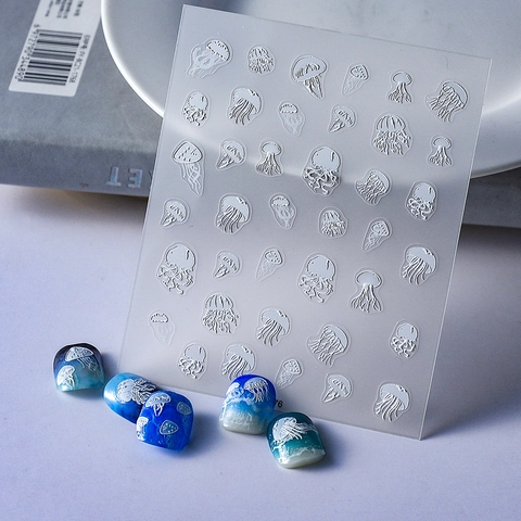 3D Witte Kwallen Nagelkunst Stickers Reliëf Reliëf Dun Waterdicht Zelfklevend Manicure Decoratie