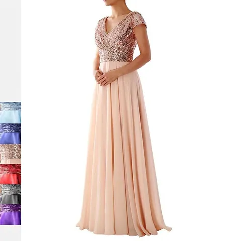 Sequin Chiffon Patchwork Evening Gown V-Neck Short Sleeve High Waist Maxi Dress Elegant Party Wedding Women Formal Dress