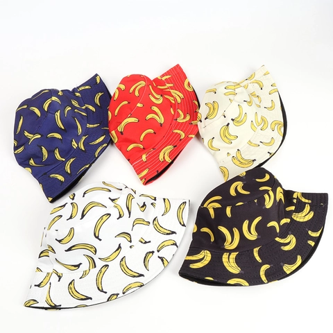 Reversible Bucket Hat Polyester Banana Fruit Print Summer Sun Protection Foldable Casual Travel Beach For Men Women