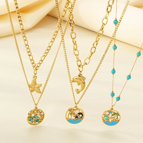 Stainless Steel Layered Necklace Ocean Dolphin Starfish Coconut Tree Turquoise Artificial Pearl Beach Vacation For Women