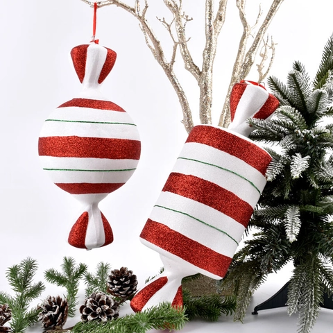 Ornamenti Appesi A Forma Di Caramelle Di Natale Dipinti Rosso Bianco Glitter Plastica Accessori Decorativi Per Albero Di Natale