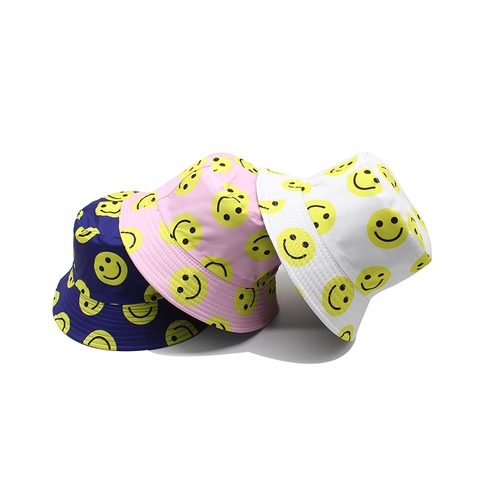 Emmer Hoed Katoen Omkeerbaar Zonbescherming Outdoor Streetwear Fashion Unisex Happy Face Print