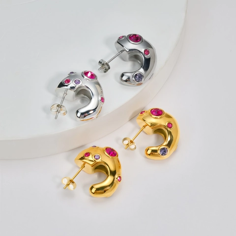 Orecchini A Cerchio A Forma Di C In Acciaio Inossidabile Placcato Oro Zircone Colorato Design A Bolle Irregolari Per Donne