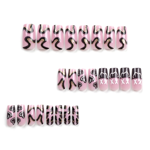 Lange Sarg Aufpressnägel Rosa Lila Herz Leopard Muster Welle Gestreifte Falsche Nagelspitzen Süßer Stil Für Damen