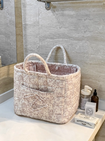 Quilted Corduroy Floral Storage Basket With Handles Foldable Home Organizing Pastoral Style Sundries Bin