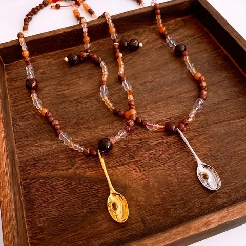 Collana Con Ciondolo A Perline Vintage Cucchiaio In Lega Stile Retrò Perle Di Legno Vetro Catena Maglione Lunga Donna