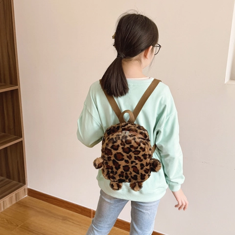 Kids Leopard Print Plush Mini Backpack Faux Fur Kindergarten School Bag Toddler Boys Girls Casual Fashion Cute