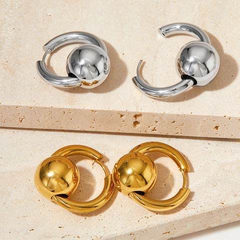 Orecchini A Cerchio Con Sfera In Acciaio Inossidabile Minimalista Lucido Geometrico Stile Industriale Gioielli Da Donna