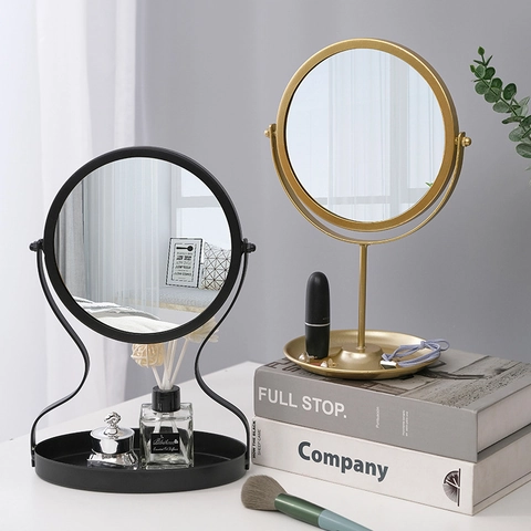 Desktop Make-up Spiegel Mit Schmuck Aufbewahrung Metall Eisen Rund Schminkspiegel 360 Drehbar Für Schlafzimmer Nordischer Stil
