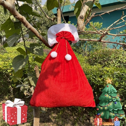 Christmas Santa Claus Gift Bag Red Velvet Drawstring Sack White Faux Fur Trim Gold Cord Pom Poms Festive Party Decoration