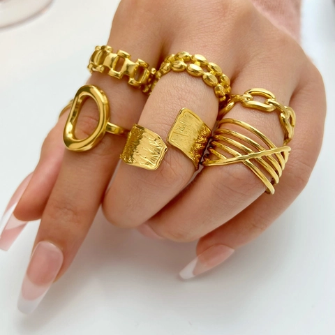 Hollow Chain Geometric Ring Stainless Steel 18K Gold Plated Adjustable Open Fashion Jewelry For Women
