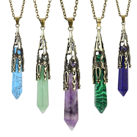Vintage Natural Stone Hexagonal Pillar Pendant Necklace Antique Bronze Filigree Cap Crystal Quartz Jewelry For Women