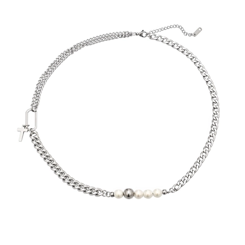 Hip Hop Asymmetrical Necklace With Cross Pendant And Imitation Artificial Pearl Stainless Steel Cuban Chain For Men Women Streetwear