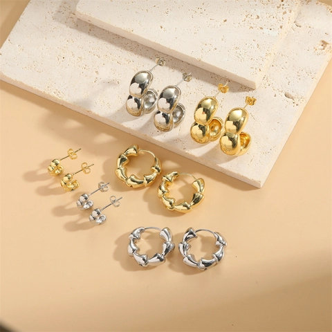 Boucles d'Oreilles Clous Géométriques en Cuivre Minimaliste Plaqué Or 14K Argent Joint de Bambou pour Femme Bijoux de Mode