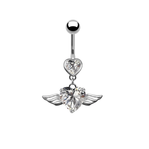 Heart Shaped Angel Wings Belly Ring 316L Stainless Steel Copper Cubic Zirconia Navel Piercing Jewelry For Women