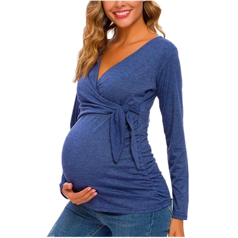 Positie Zwangerschapstop Lange Mouwen Overslag Katoen Breisel V-Hals Voedingsshirt Zijstrik Geplooide Blouse