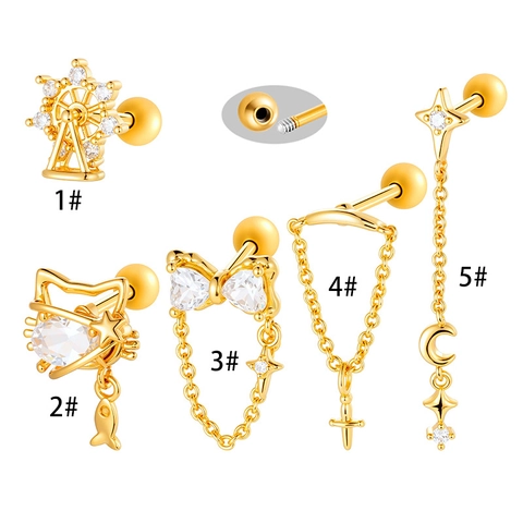Ferris Wheel Cat Moon Star Cartilage Stud Earrings Titanium Steel Zirconia Screw Back Helix Piercing Jewelry For Women