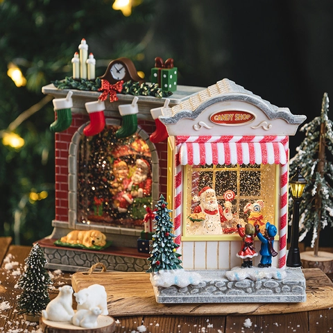 Christmas Snow Globe Music Box Luminous LED Musical Ornament Rotating Snowfall Fireplace Candy Shop Decor Resin Plastic Holiday Gift
