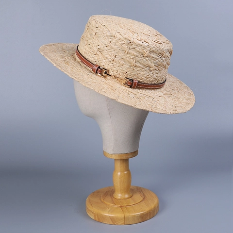 Cappello Boater In Rafia Intrecciato A Mano Tesa Larga Protezione Solare Estate Spiaggia Cinturino In Pelle Fibbia Metallo