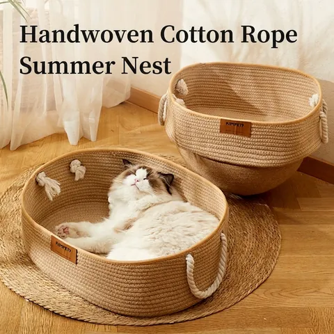 Woven Cotton Rope Pet Bed And Cat Scratcher Breathable Washable Nest With Handles For Indoor Use Small Dogs Cats