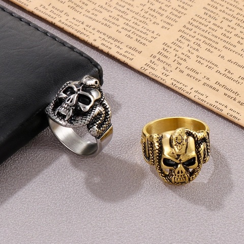 Skull Snake Ring Stainless Steel Gothic Punk Hip Hop Dark Retro Style Skeleton Cobra Wrap Band Biker Jewelry For Men