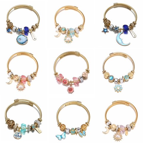 Stainless Steel Open Cuff Bracelet With Alloy Sunflower Moon Star Pendants DIY Beaded Crystal Bangle Fashion Jewelry For Women