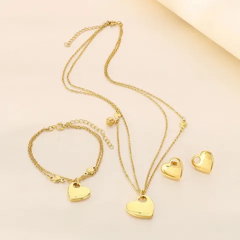 18K Gold Plated Heart Shape Stainless Steel Jewelry Including Double Layer Necklace Bracelet Stud Earrings For Women Fashion