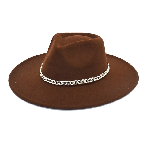 Fashion Fedora Hat Woolen Felt Wide Brim With Metal Chain Vintage Jazz Cap For Men Women Autumn Winter Accessories