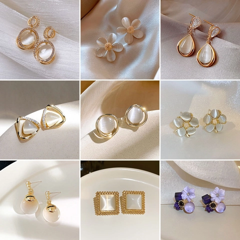 Elegant Cat Eye Stone Earrings With Silver Earring Post Rhinestone Inlaid Geometric Flower Shape Jewelry For Women