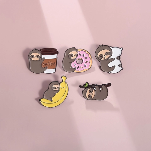 Cute Cartoon Sloth Enamel Pin Badge Set Alloy Animal Coffee Donut Banana Design Brooches Jewelry Accessories For Bags Clothes