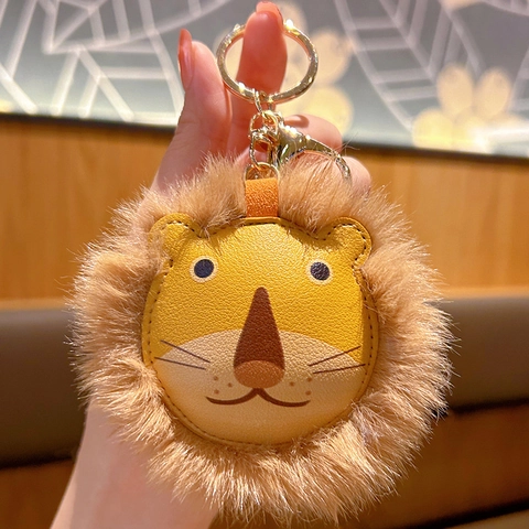 Cute Cartoon Lion Polar Bear Cat Plush Leather Keychain Funny Animal Head Bag Pendant For Women Girls Gift Fashion Accessory