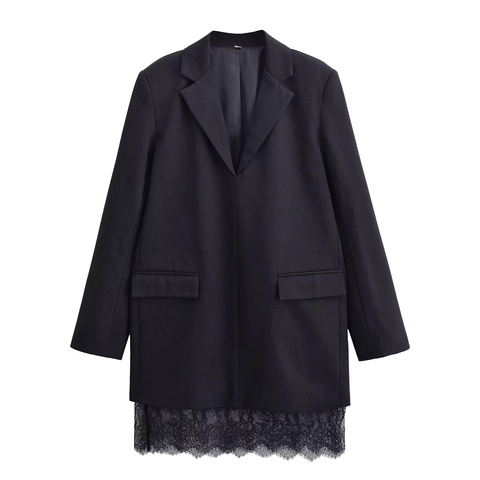Elegant Women Blazer Dress Lace Hem Long Sleeve Deep V Neck Solid Color Slim Fit Mini Dress Fashion Celebrity Style