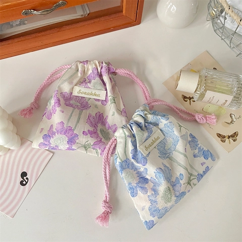Borsa Portaoggetti Con Coulisse E Stampa Floreale Pochette In Cotone E Lino Piccolo Organizzatore Da Viaggio Cosmetico Stile Pastorale Per Donne