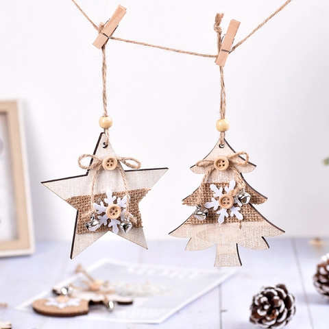 Christmas Hanging Ornaments Wooden Reindeer Star Angel Tree Snowflake Decor With Linen And Metal Bells Rustic Holiday