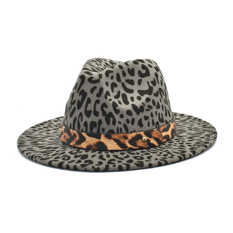 Cappello Fedora A Tesa Larga Con Stampa Leopardata In Feltro Di Lana Cappello Jazz Con Fibbia Metallica Retro