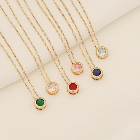 Collana Con Pendente In Zircone Rotondo Acciaio Inossidabile Rame Gemme Colorate Minimalista Gioielli Da Donna