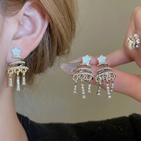 Christmas Tree Spiral Tassel Earrings Alloy Rhinestone With Silver Earring Post Star Dangle Elegant Festive Jewelry Women